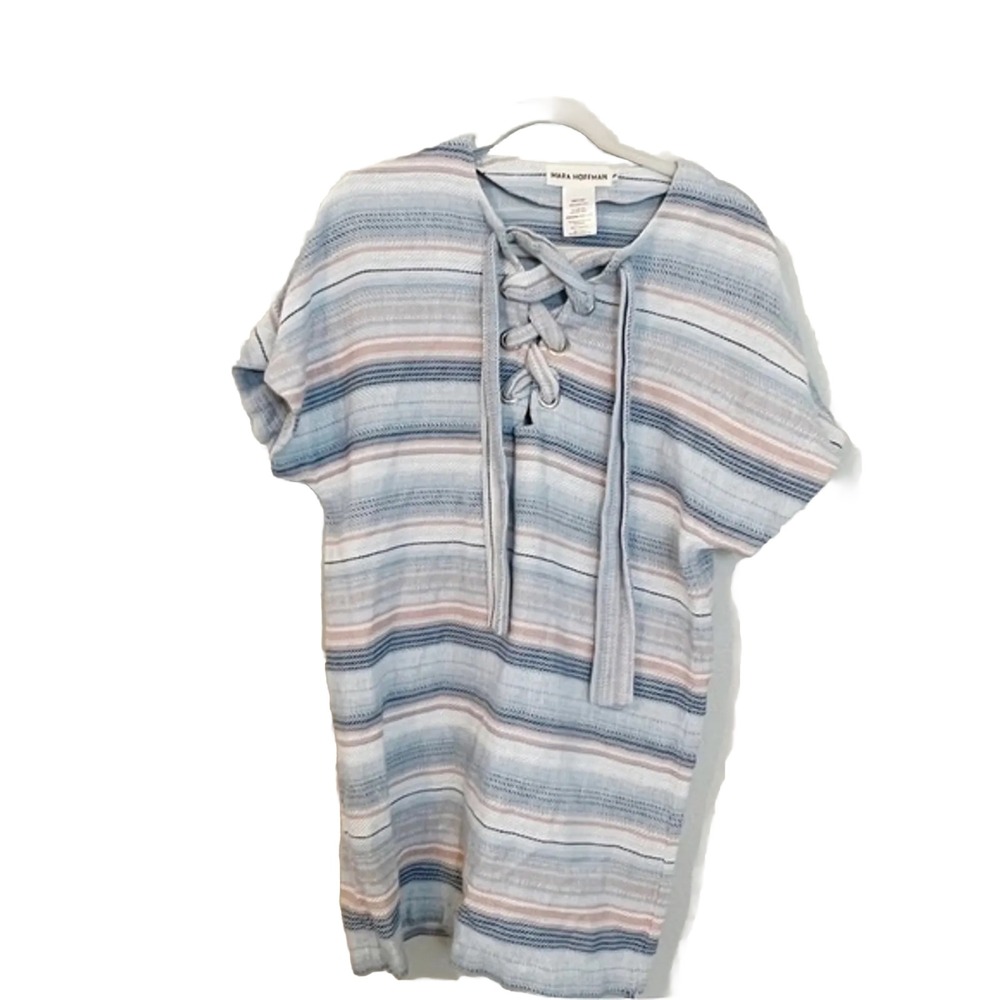 Mara Hoffman Womens Small Blue Striped Lace Up Organic Cotton Tunic Mini Dress